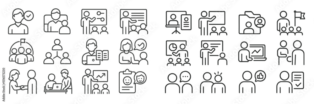 Poster collection of line art icons representing various aspects of team collaboration, education, and proj