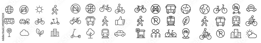 Poster Collection of transportation and nature icons in a minimalist style depicting various modes of movement and environmental symbols