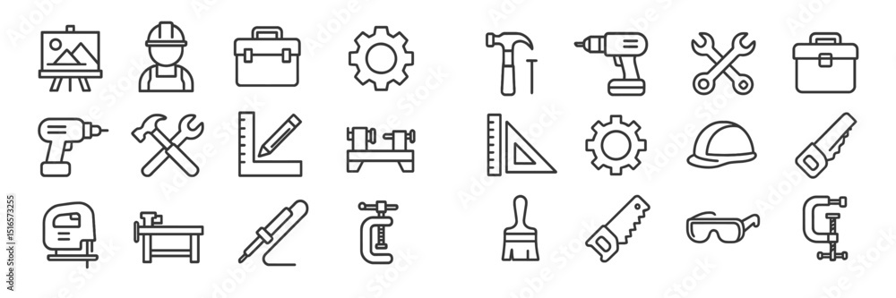 Poster collection of construction and tool icons representing various activities and professions in the fie