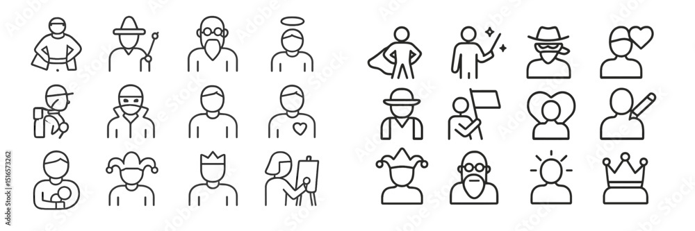 Poster line art illustrations of diverse characters showcasing various professions and activities in a crea