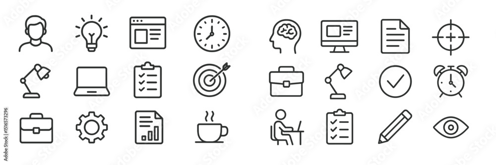 Poster icons representing various concepts of productivity, time management, and brainstorming in a minimal
