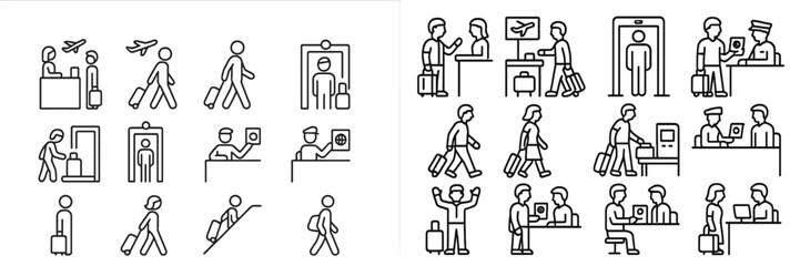Icons representing various activities at an airport including check-in, security, and boarding procedures