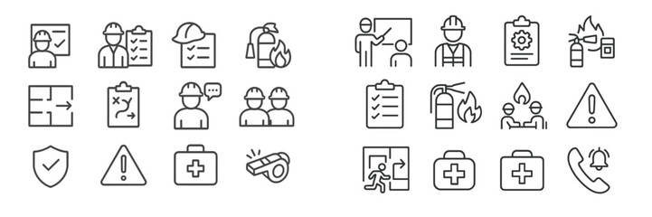 Construction safety icons showcasing best practices and emergency procedures for on-site workers and managers