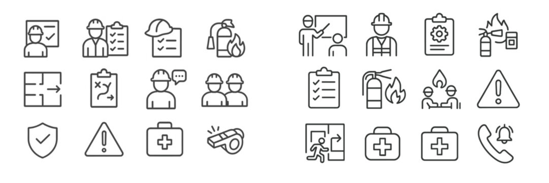 Construction safety icons showcasing best practices and emergency procedures for on-site workers and managers