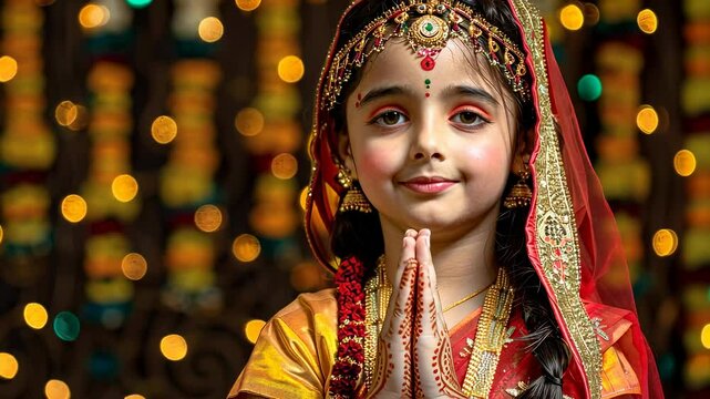 A beautiful Indian girl in a traditional sari and jewelry. Happy little girl dressed up as Radha on a holiday party glowing background. Happy Krishna Janmashtami greeting card, 