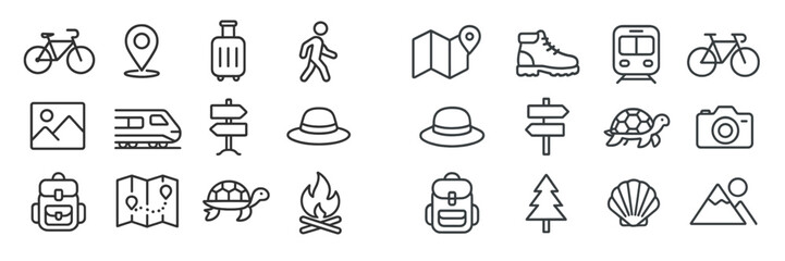 Various travel and outdoor activity icons representing exploration, adventure, and navigation during different journeys