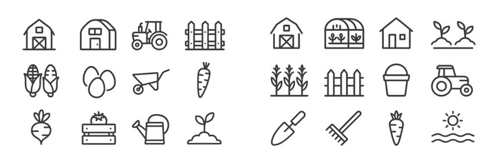 Farm icons collection featuring tractors, plants, tools, and agricultural elements for various activities and purposes