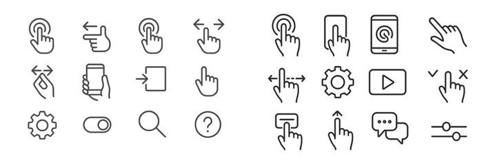 User interface gesture icons for touch screens and smart devices featuring various hand movements and actions
