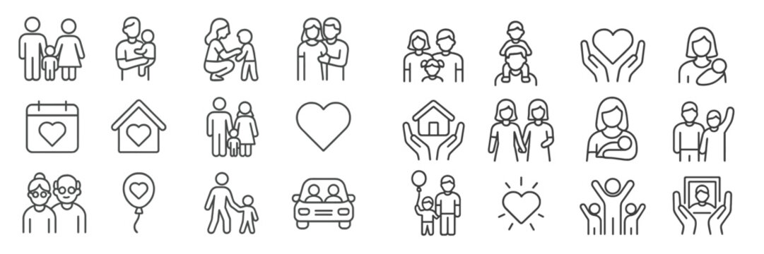 Naklejki Family icons in simple line art depicting love, care, and togetherness in various settings