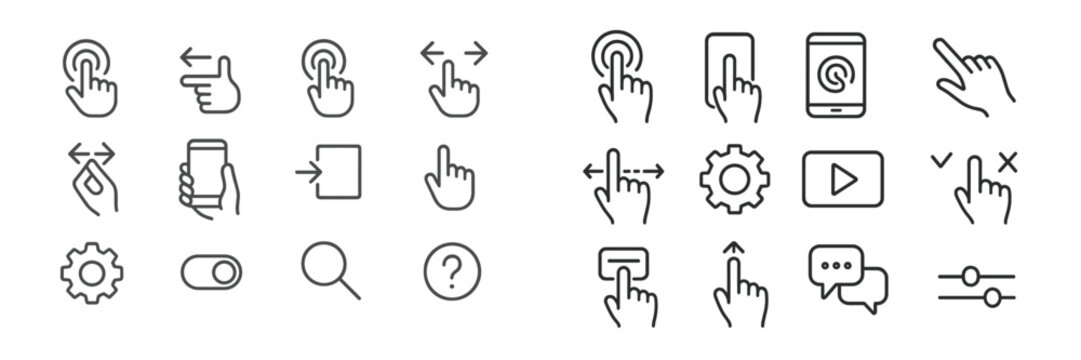 User interface gesture icons for touch screens and smart devices featuring various hand movements and actions