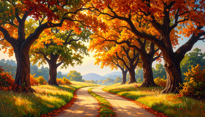 Naklejka premium Beautiful landscape with road under canopy of oak trees.