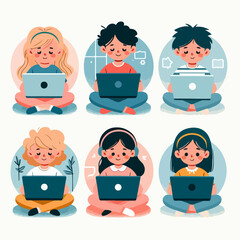 Minimalist flat vector of kids learning online with laptops, light background