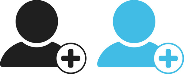 User profile icon with add friend symbol, social media avatar, new contact button, user account creation, network connection sign, user interface graphic.