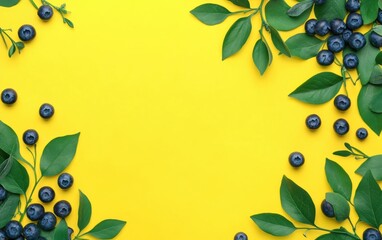 Top-down view of fresh blueberries with green leaves on yellow background. Free space, space for text.