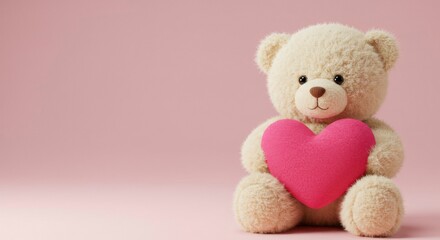 Adorable teddy bear holding a pink heart against a pale pink background