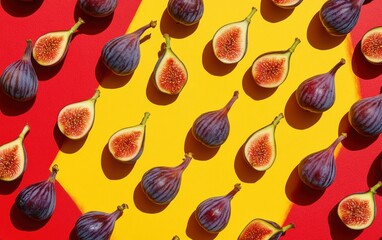 Whole and halved red figs arranged in diagonal pattern on yellow-red background with shadows. 