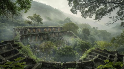 Ancient ruins enveloped in lush greenery.