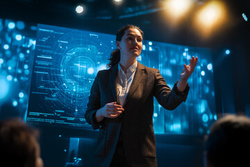 A woman is speaking on stage