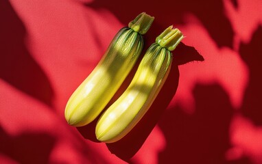 Top-down view of fresh zucchini on vibrant red gradient background with shadow.