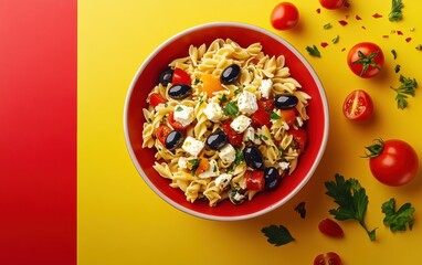 Fusilli pasta salad with cherry tomatoes, feta, olives, herbs on plate on yellow-red background.