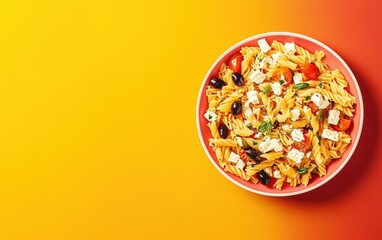 Fusilli pasta salad with cherry tomatoes, feta, olives, herbs on plate on gradient on orange-red background.