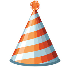 Vector graphic of a striped orange and cream-yellow birthday party hat with green edging and a decorative top pom-pom, shown in clean minimalist style with white background

