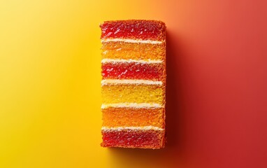 Piece of sponge cake with red, orange and yellow layers with jelly and white cream on yellow-red gradient background.