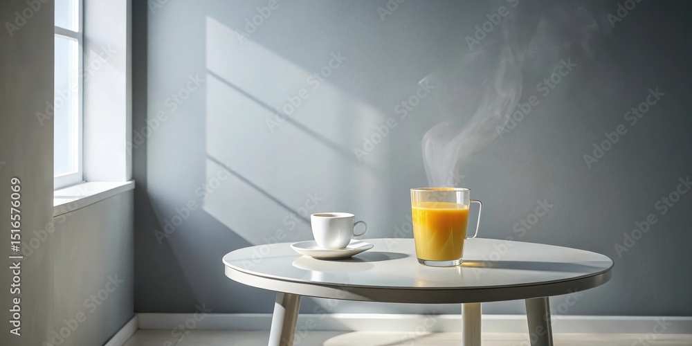 Poster a steaming mug of citrus beverage and a small cup of coffee rest on a minimalist side table bathed i