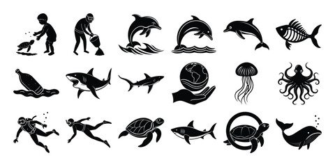 World Oceans Day Silhouettes  Marine Life, Ocean Pollution and Environmental Awareness Vector Bundle

