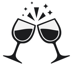 Elegant Black and White Vector Illustration of Wine Glasses in Mid-Toast with Triangular Sparkles, Bold Outlines, and Minimalist Design for Celebration Themes

