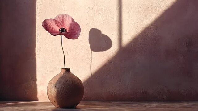 Pink poppy in terracotta vase
