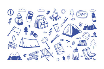 Hand-drawn camping and hiking doodle icons. tent, backpack, boots, map, compass, lantern, gear, and outdoor elements for adventure designs