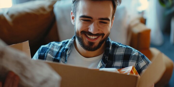 Smiling man opening package