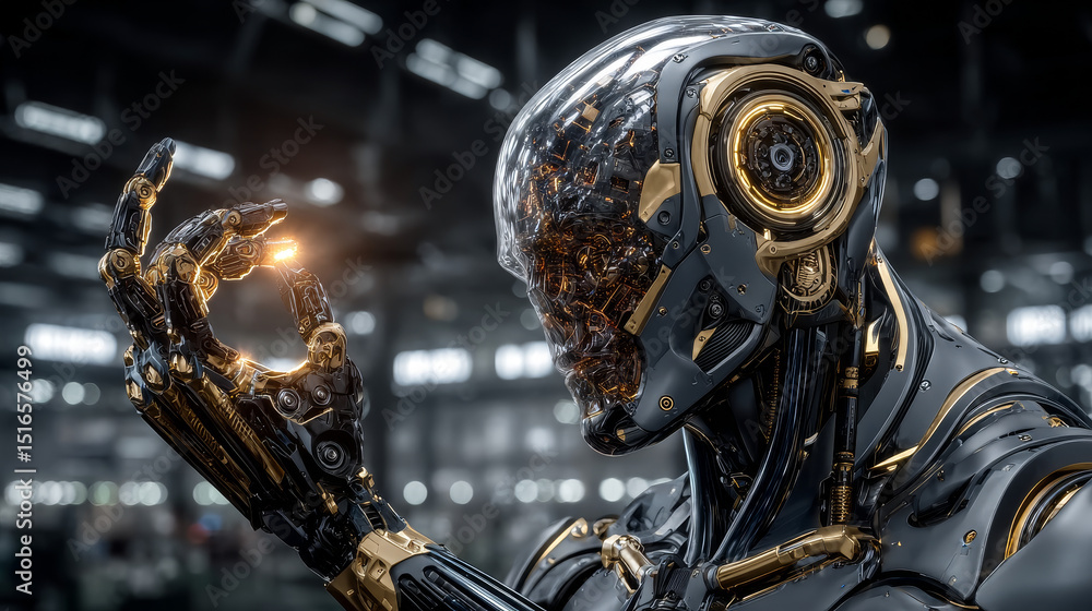 Poster businessman points at robotics as a groundbreaking field that combines engineering, computer science