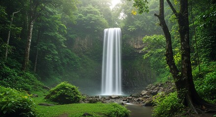 Serene waterfall plunges into lush green rainforest, creating a tranquil scene