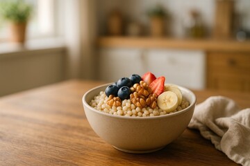 healthy fruit  sorghum bowl with blueberries, strawberries, and bananas on a wooden kitchen table, promoting wellness and nutritious eating lifestyle