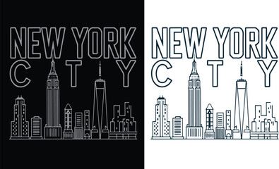 Fototapeta premium NEW YORK CITY vector T-shirt design, bold lines. Empire State, One WTC, bus, taxi, street view. 
