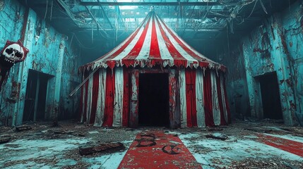 Abandoned Circus Tent in Decaying Building Digital Painting, Horror Concept, Dark Atmosphere Horror, DigitalArt