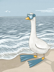 Cartoon goose with swim goggles and flippers standing on beach near ocean waves, funny summer illustration © Юлия Ткачева