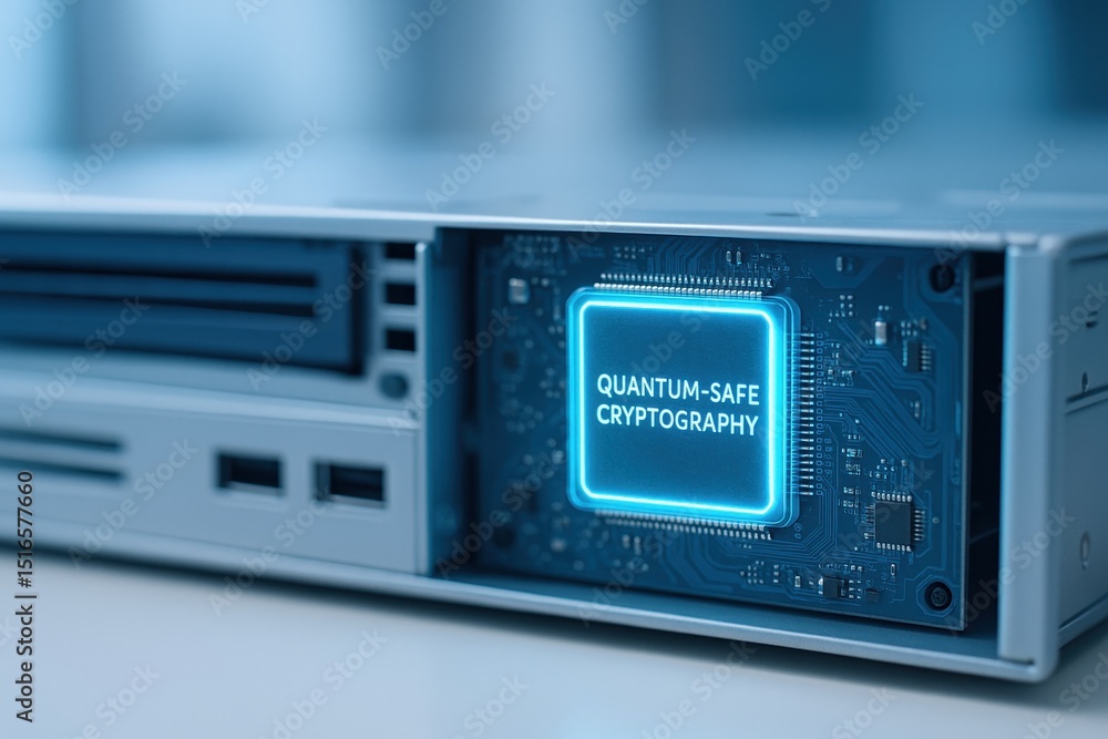 Poster quantum-safe cryptography chip installed in modern computer hardware showcasing advanced technology 