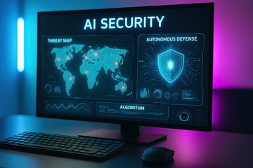 monitor displaying ai security systems with threat map, autonomous defense, and algorithms in futuristic setting for cybersecurity concepts