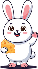 Fototapeta premium Cute white bunny holding piece of cheese waving paw cartoon vector illustration 