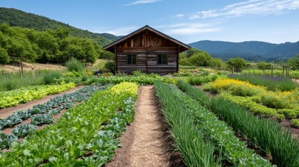 Aerial view of diverse cover crop fields on regenerative agriculture farm adjacent to green hydrogen production facility