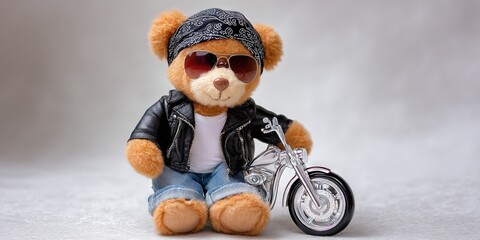 photo of teddy bear dressed like biker 