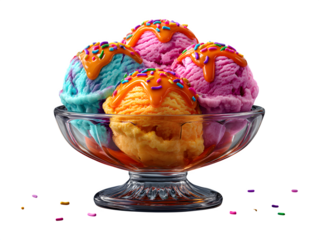 Colorful sundae with scoops of ice cream, syrup, and sprinkles in a glass dish,