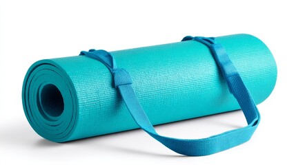 Bright teal colored rolled yoga mat with adjustable carrying strap on clean white background