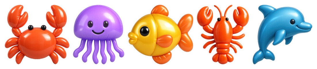PNG Colorful aquatic cartoon animals, element set on transparent background