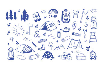 Hand-drawn camping and hiking doodle icons. tent, backpack, boots, map, compass, lantern, gear, and outdoor elements for adventure designs