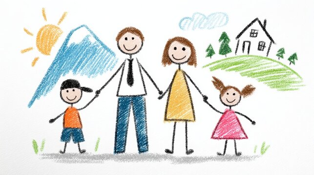 Childlike crayon stick figure family of four holding hands against plain white background