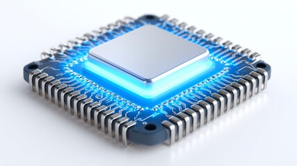 Close Up Electric Blue Microprocessor Chip Featuring Detailed Intricate Circuit Lines on White Surface